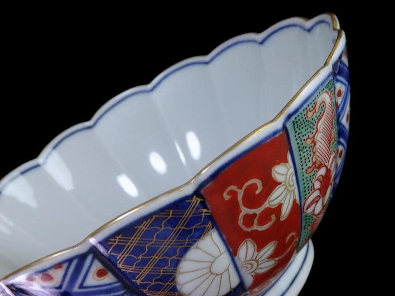 大聖寺伊万里　金襴手　寿紋に輪花楕円変形皿　大振向付　E704AS-CZk