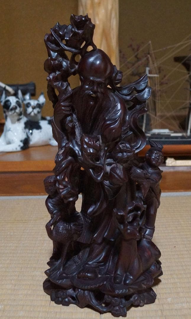 中国美術/ 唐木彫細工彫り『唐子寿老人立像 桃仙人』 置物 高41.5m