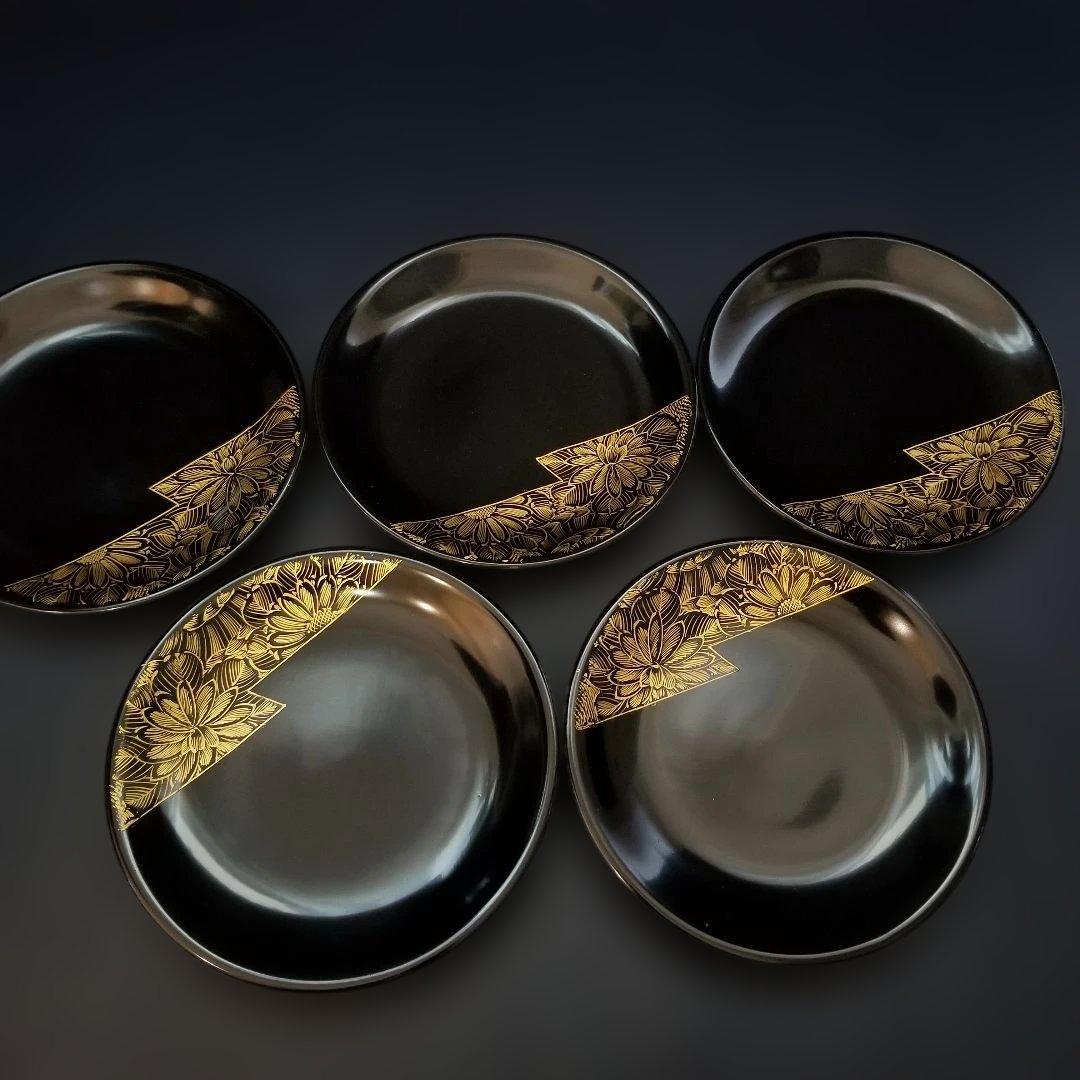 輪島塗 黒漆 沈金 金菊蒔絵 中皿 5枚セット