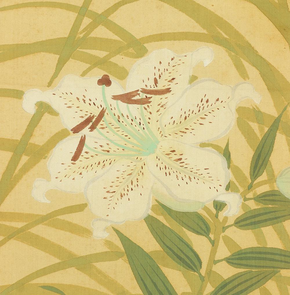 猪巻清明  明治27~昭和49 川合玉堂師事 掛軸 肉筆 絹本 鶉に百合 合箱