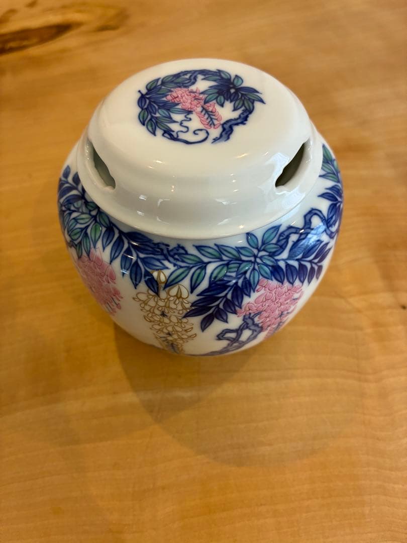 香蘭社 有田焼 香炉 総手書き 染錦模様 共箱 共布