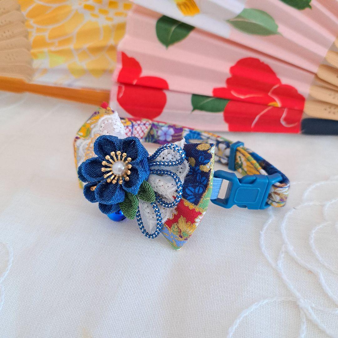 シングルリボン、和風つまみ細工(青)わんちゃん猫ちゃん用首輪