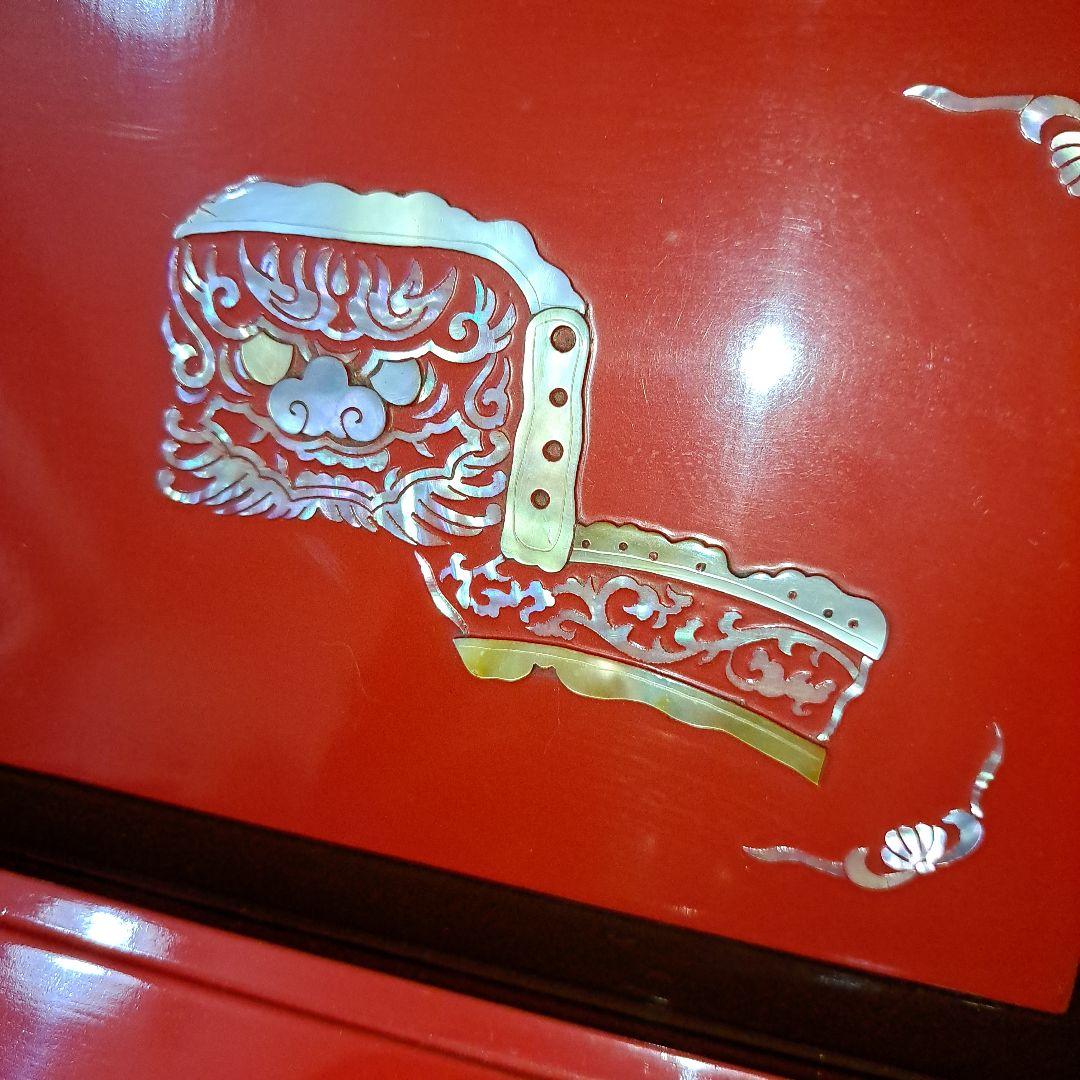 お値下げ中　明治　螺鈿　赤蒔絵　　箱型　　喫煙セット　獅子舞図