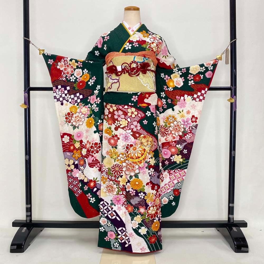 振袖フルセット 緑 グリーン 成人式 草履バック付 裄66cm S-188