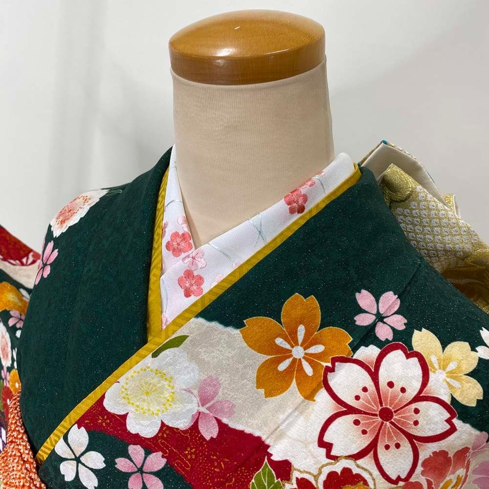 振袖フルセット 緑 グリーン 成人式 草履バック付 裄66cm S-188