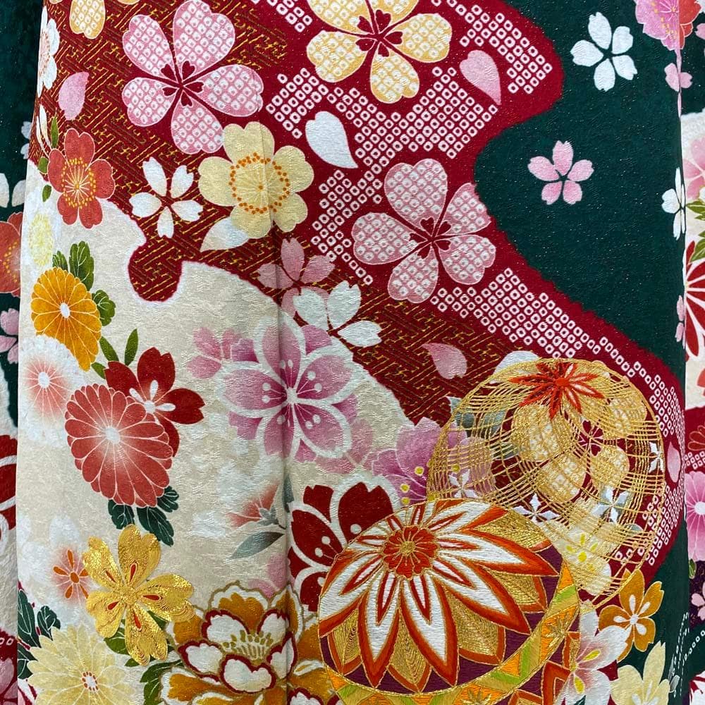 振袖フルセット 緑 グリーン 成人式 草履バック付 裄66cm S-188