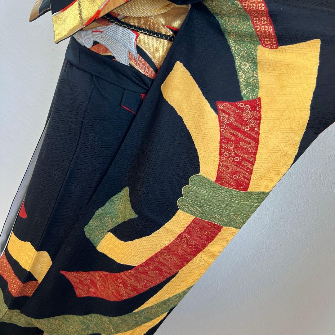 449 振袖フルセット 正絹 黒 赤 黄 緑 束ね熨斗 シンプル クール シック