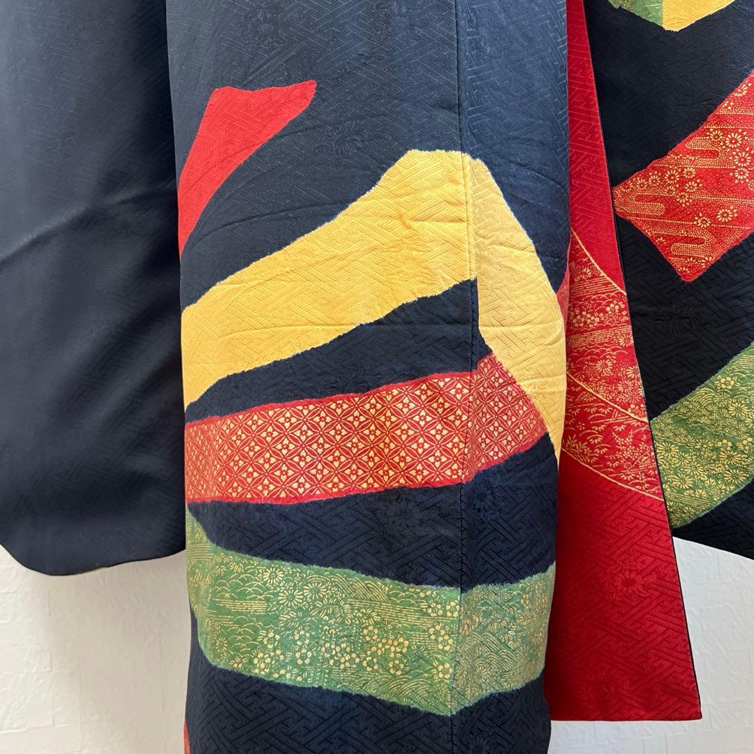 449 振袖フルセット 正絹 黒 赤 黄 緑 束ね熨斗 シンプル クール シック