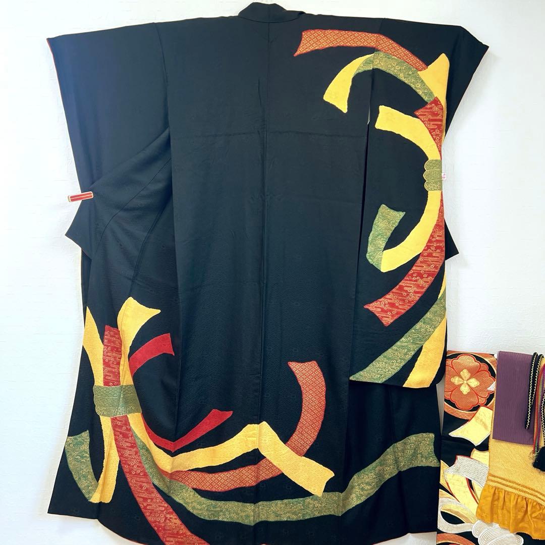 449 振袖フルセット 正絹 黒 赤 黄 緑 束ね熨斗 シンプル クール シック