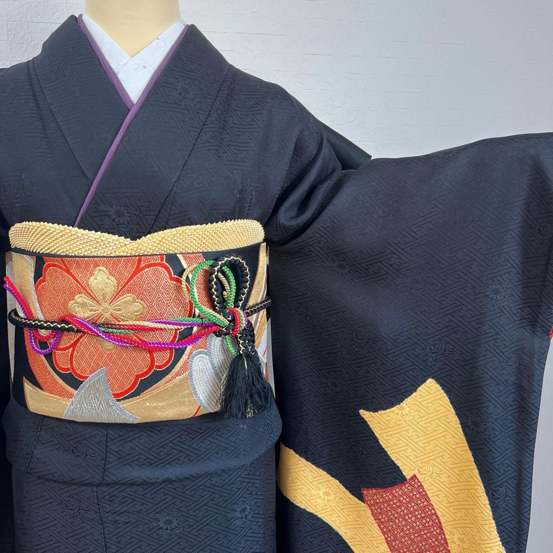 449 振袖フルセット 正絹 黒 赤 黄 緑 束ね熨斗 シンプル クール シック