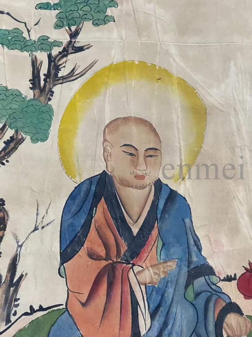 中国古美術・旧藏・明代風・丁雲鵬款・仏像図・絹本・中堂掛軸・純手描き・書画・骨董