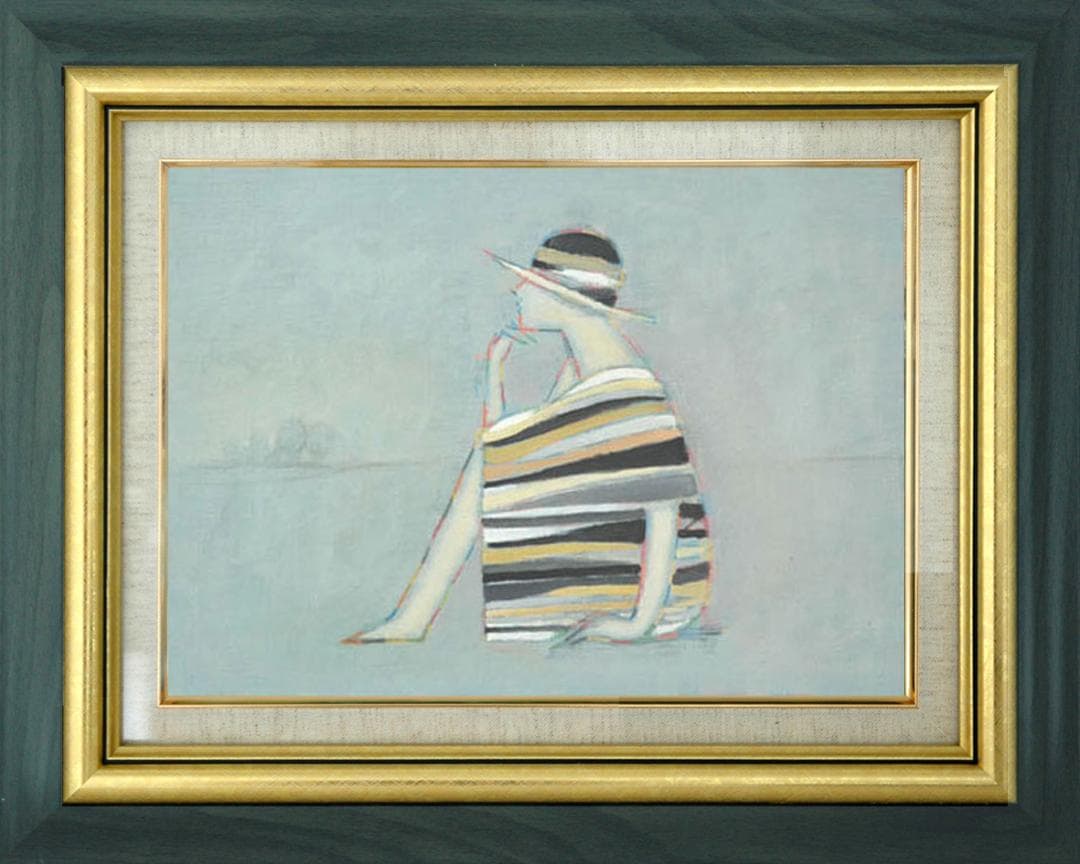 油絵 菅家令子 絵 絵画インテリア額付(青緑＋金色の枠) F4-071712女性