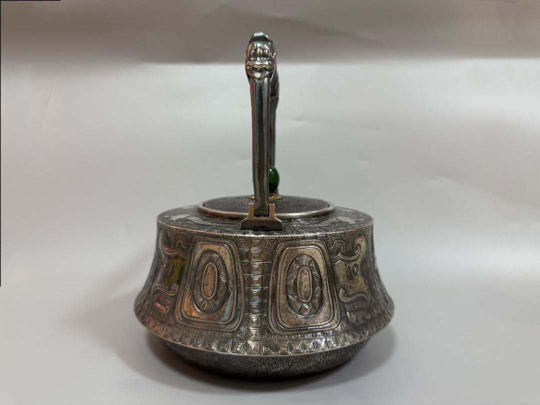 純銀製 饕餮紋 玉摘 銀瓶 煎茶道具 湯沸 重量798g