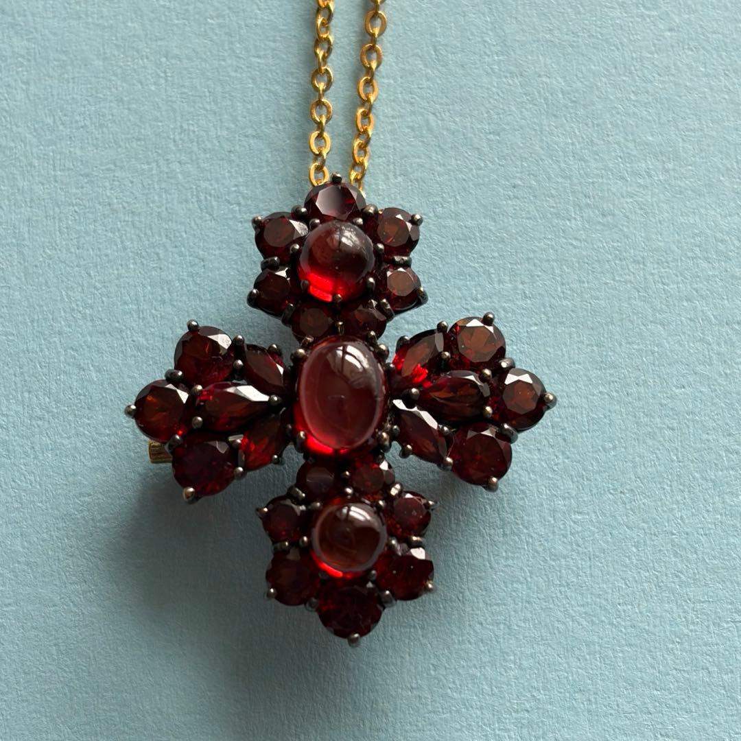 碌山　ロクザン　ヴィンテージ風　十字架　ブローチ　ガーネット　ペンダントトップ