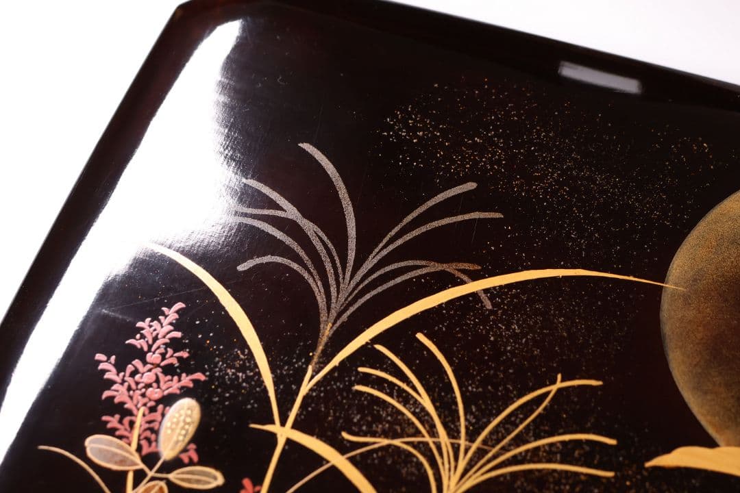 【MA696】加賀蒔絵 饅羹重 内梨地 月に雁 秋草 金蒔絵 木製 饅頭箱菓子重