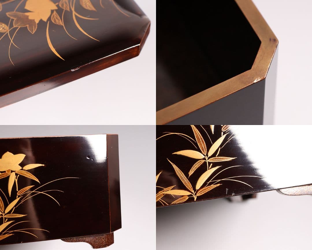 【MA696】加賀蒔絵 饅羹重 内梨地 月に雁 秋草 金蒔絵 木製 饅頭箱菓子重