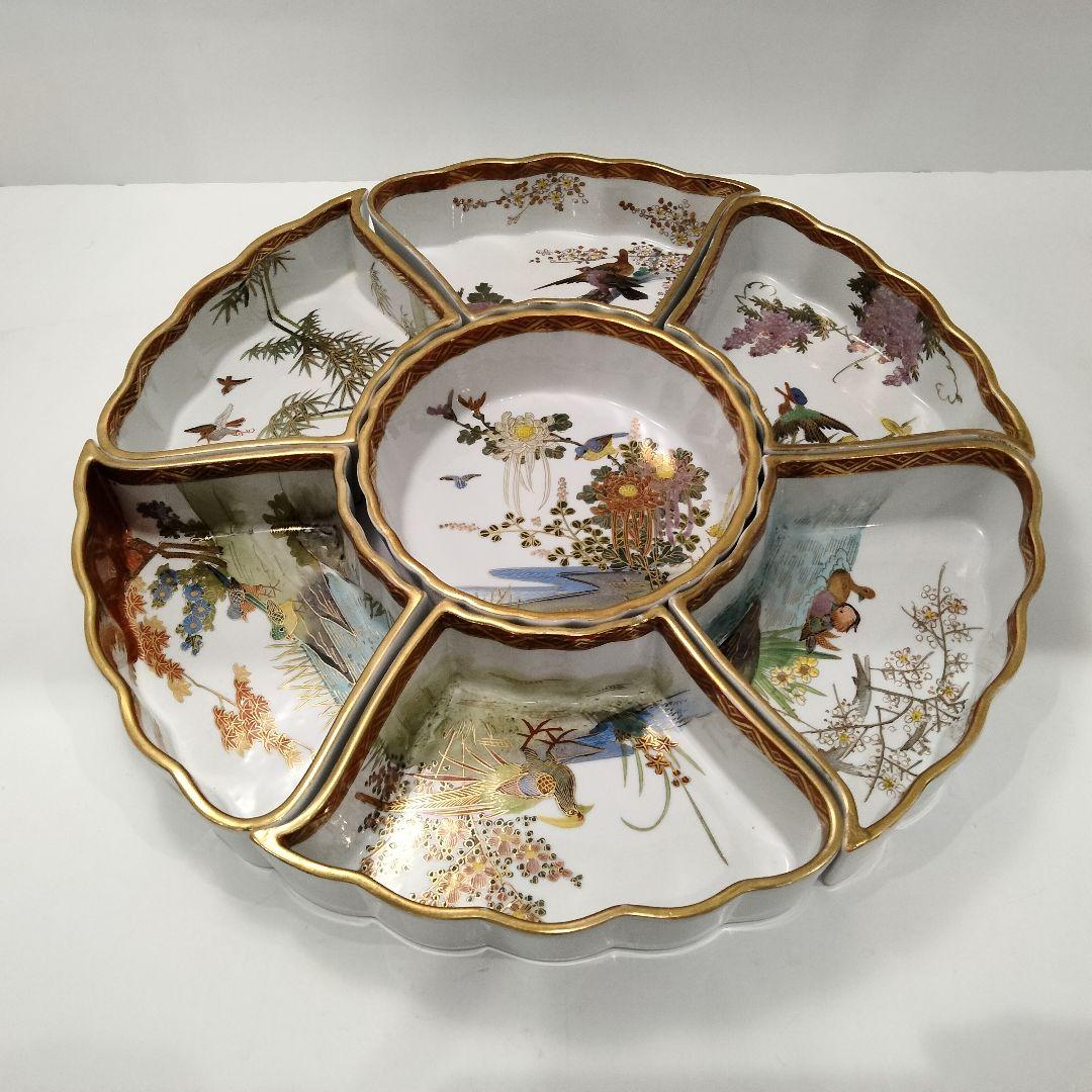 R127 江戸後期～明治期 九谷 金襴手花鳥紋オードブル皿 七点揃 時代箱付　F
