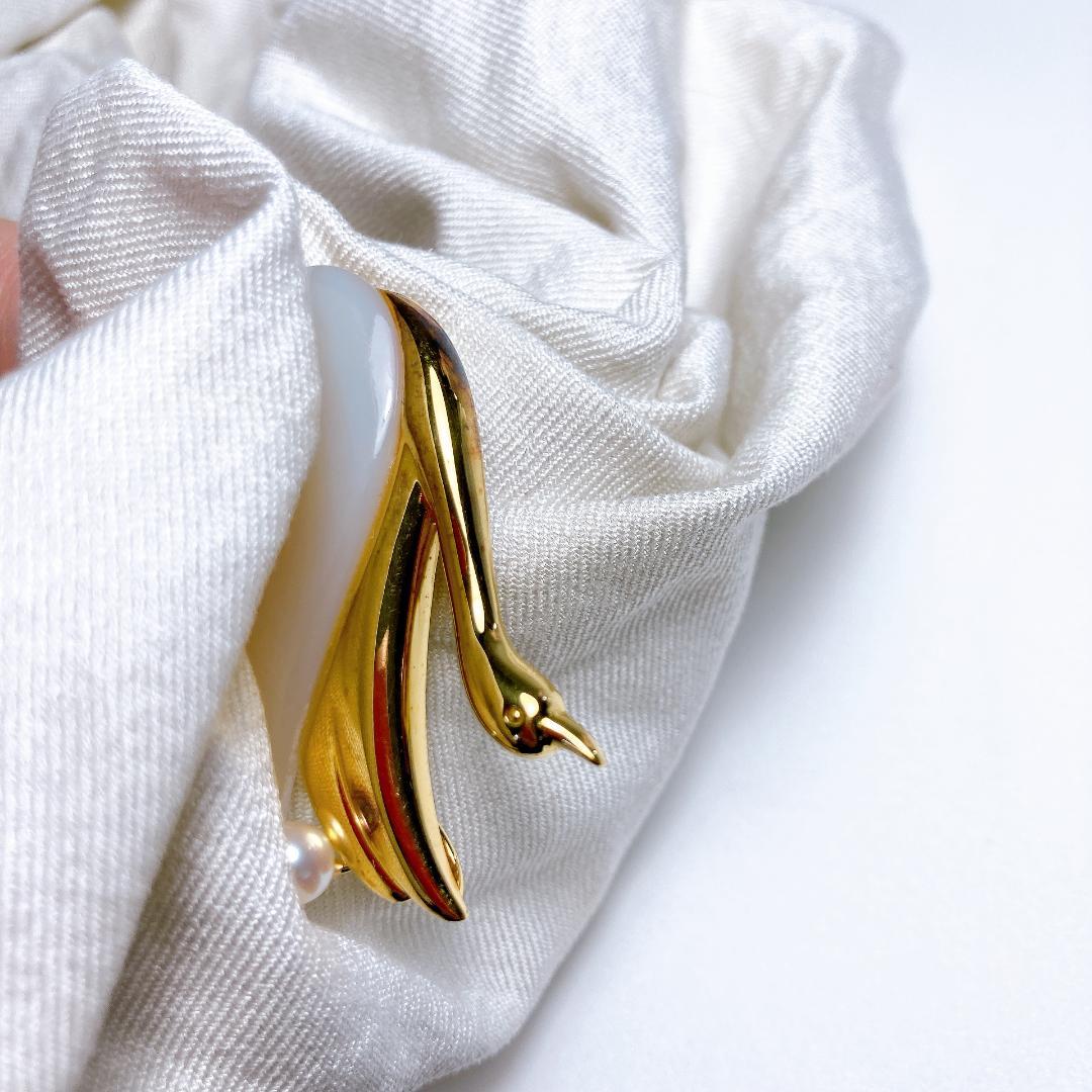 タサキ 田崎真珠 白鳥 パール 白蝶貝 ブローチ　TASAKI　|2838| ☆