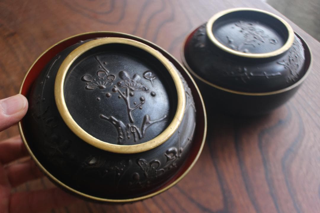 デッドストック！風情ある鉄錆塗に見返し富士蒔絵の映える煮物椀2点（検会津塗蒔絵椀