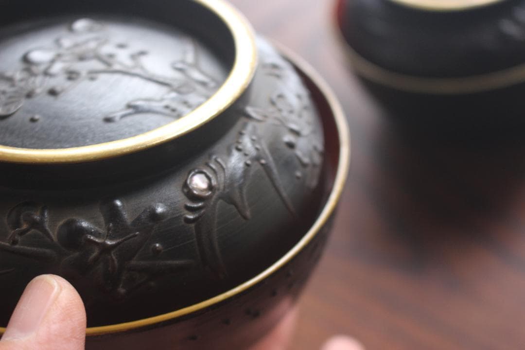 デッドストック！風情ある鉄錆塗に見返し富士蒔絵の映える煮物椀2点（検会津塗蒔絵椀