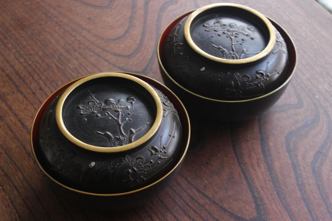 デッドストック！風情ある鉄錆塗に見返し富士蒔絵の映える煮物椀2点（検会津塗蒔絵椀