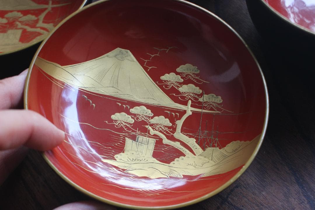 デッドストック！風情ある鉄錆塗に見返し富士蒔絵の映える煮物椀2点（検会津塗蒔絵椀