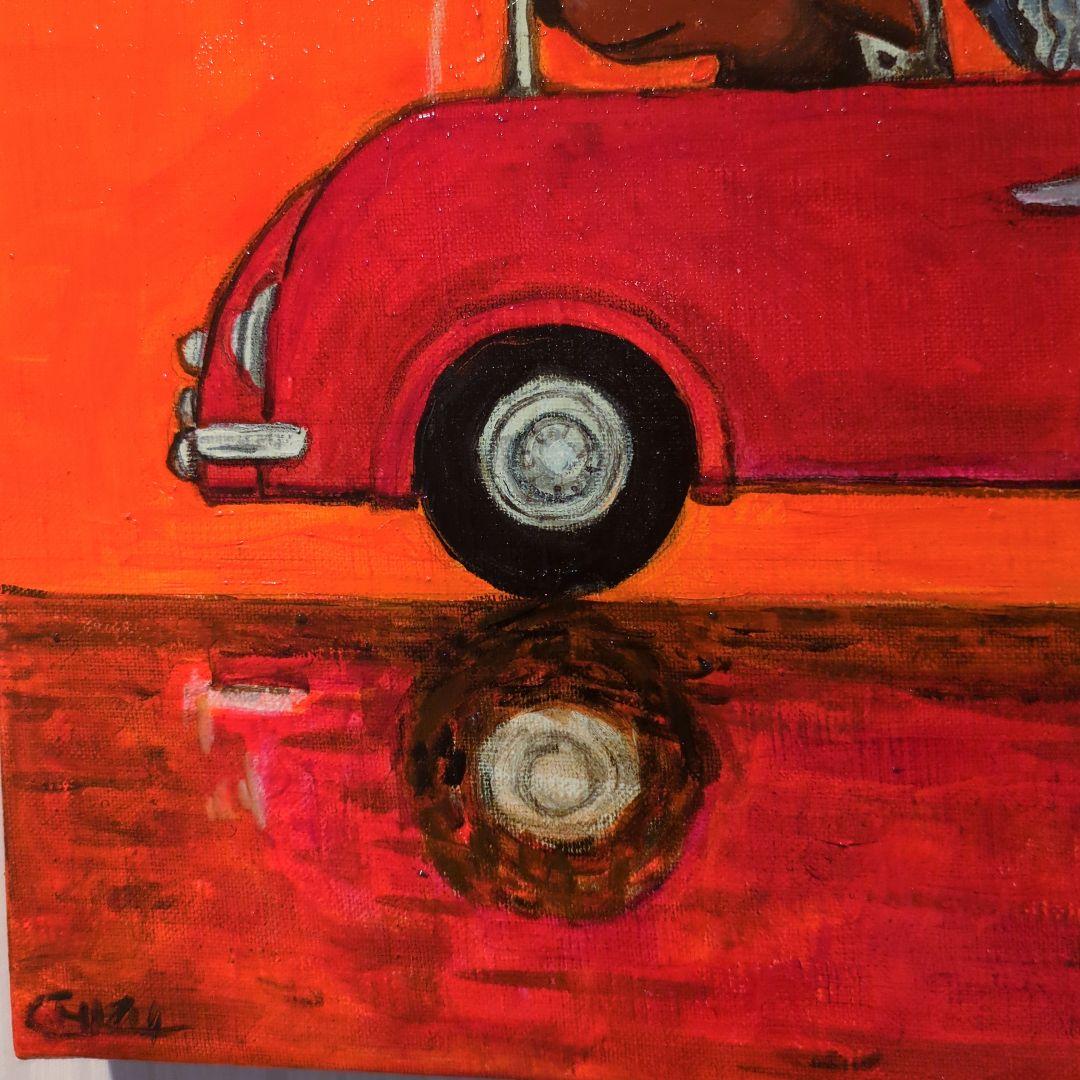 キャンバス油絵  1393確認　ドライブする犬たち