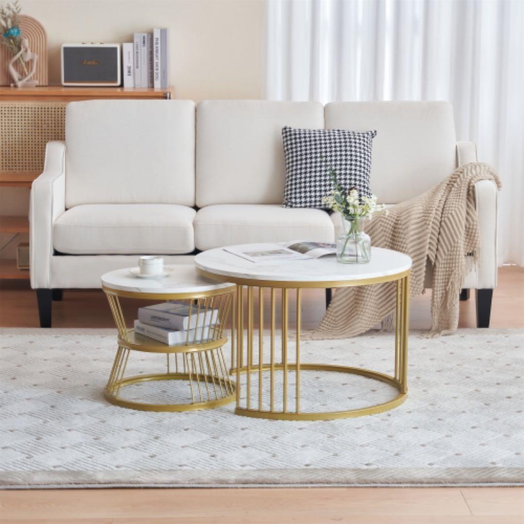 センターテーブル ネストテーブル ローテーブル 丸円型【ホワイト＋ゴールド脚】