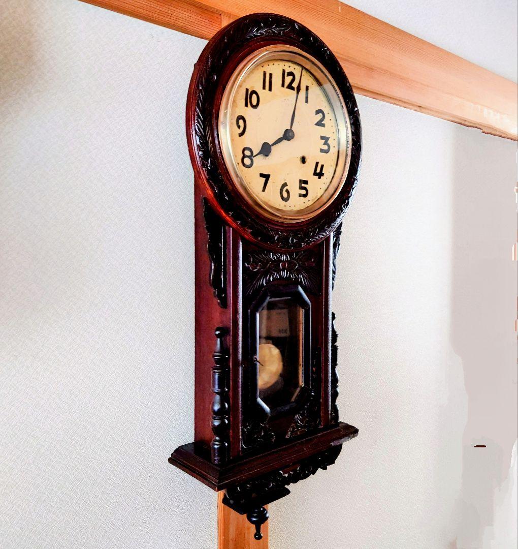 〈稼働・美品〉横浜エムズイ商会　鎌倉彫り装飾ひまわり型ゼンマイ振り子時計　古時計