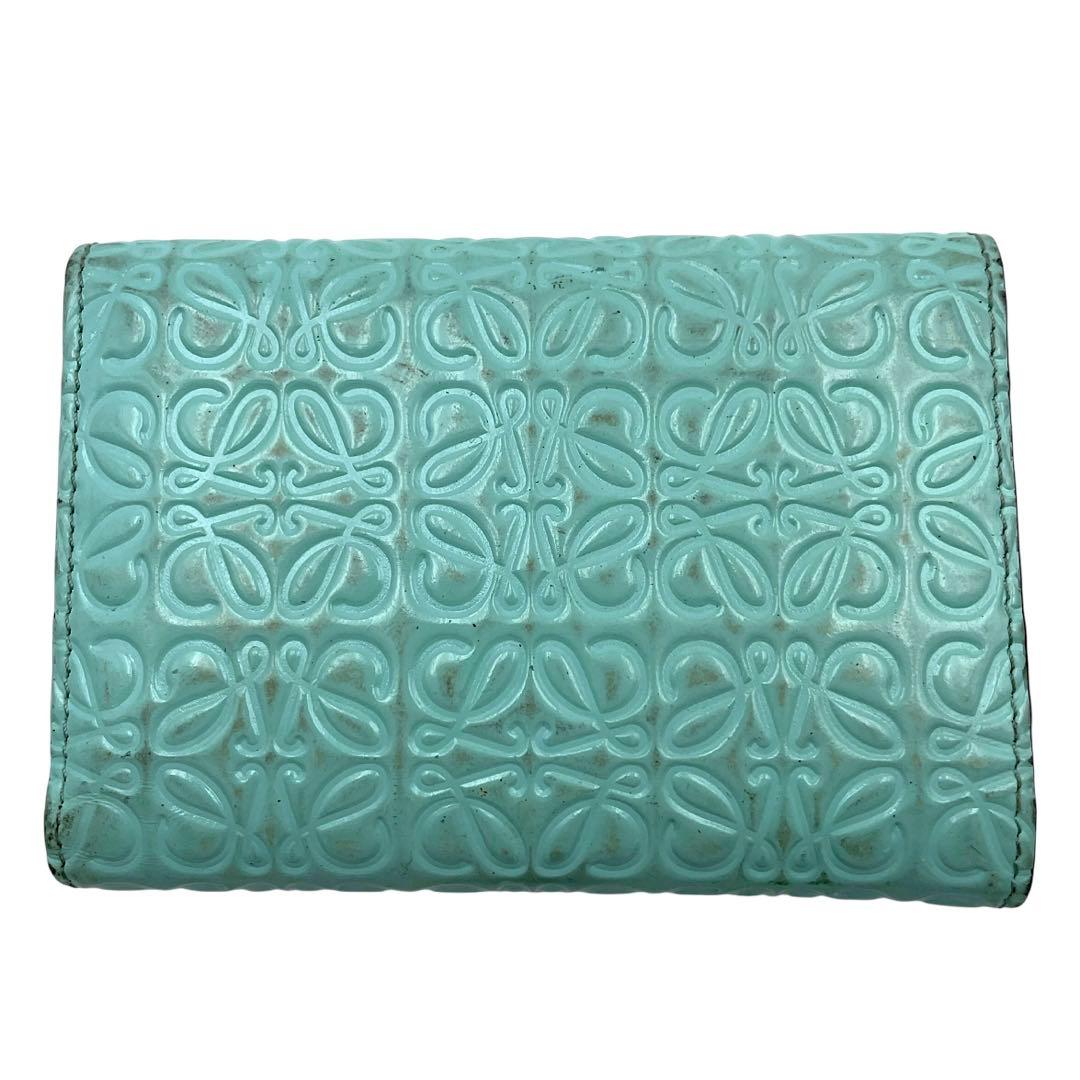 【微美品】LOEWE ロエベ　折り財布　アナグラム　総柄　水色　レザー