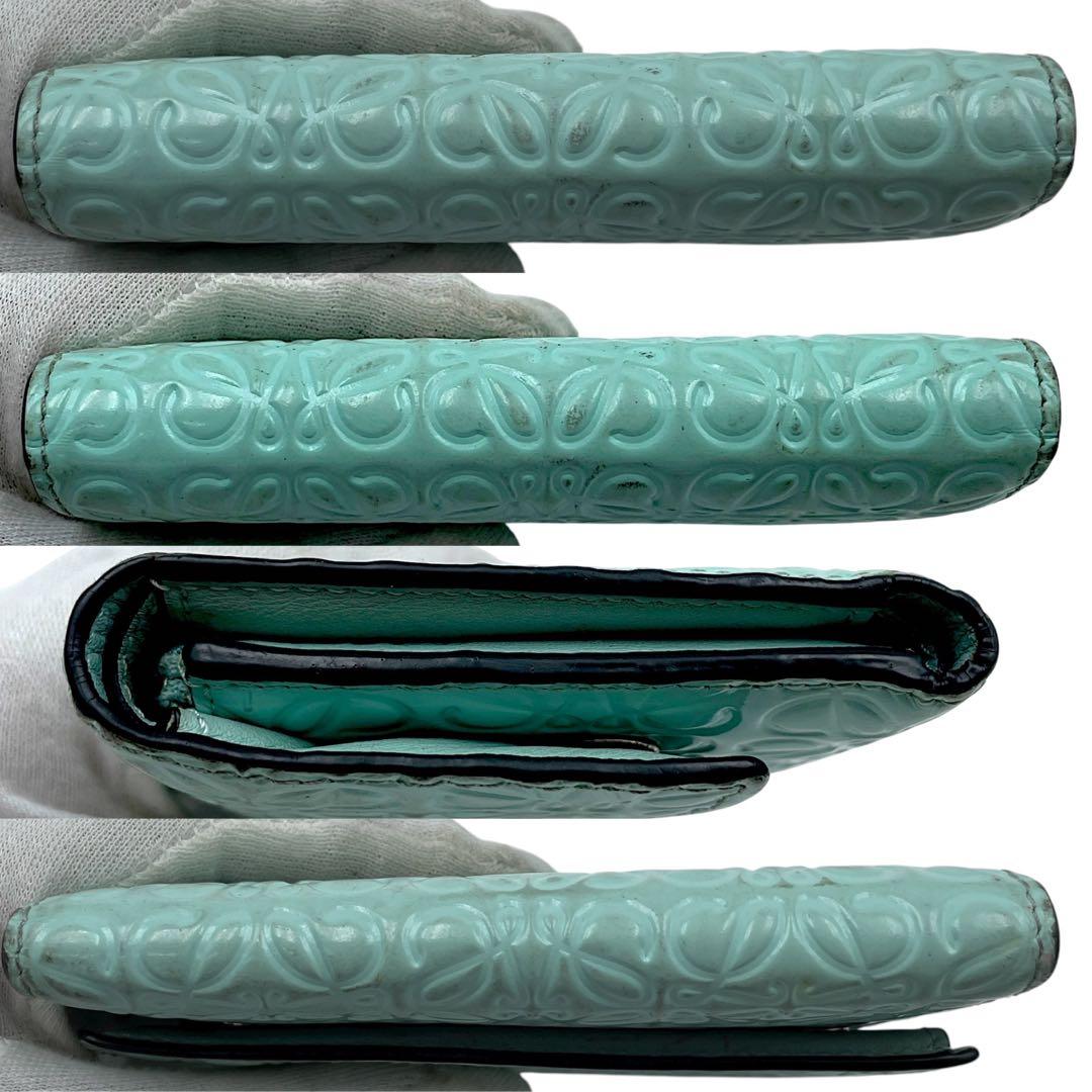 【微美品】LOEWE ロエベ　折り財布　アナグラム　総柄　水色　レザー