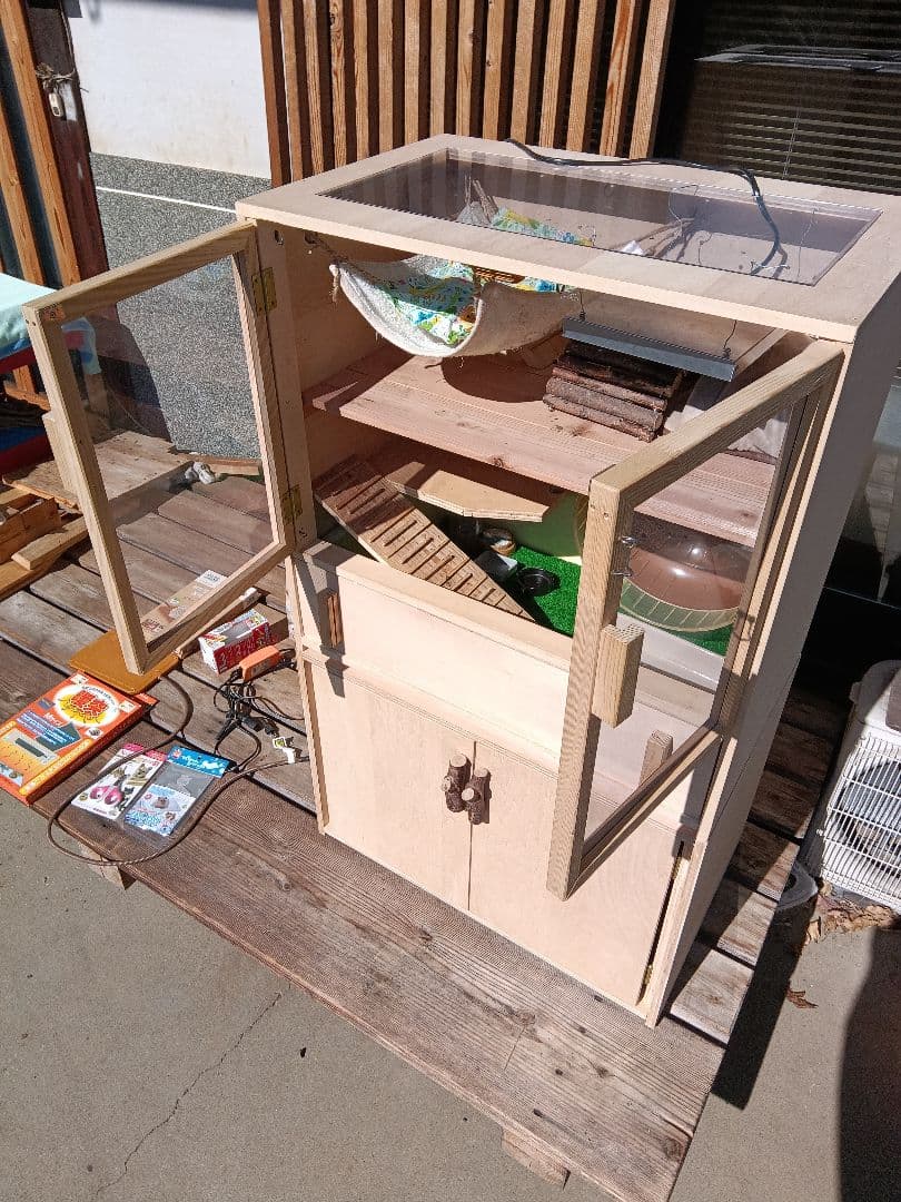 自作のケージ　小動物　ハリネズミ　特大サイズ　フルセット　収納　木製無垢　飼育用