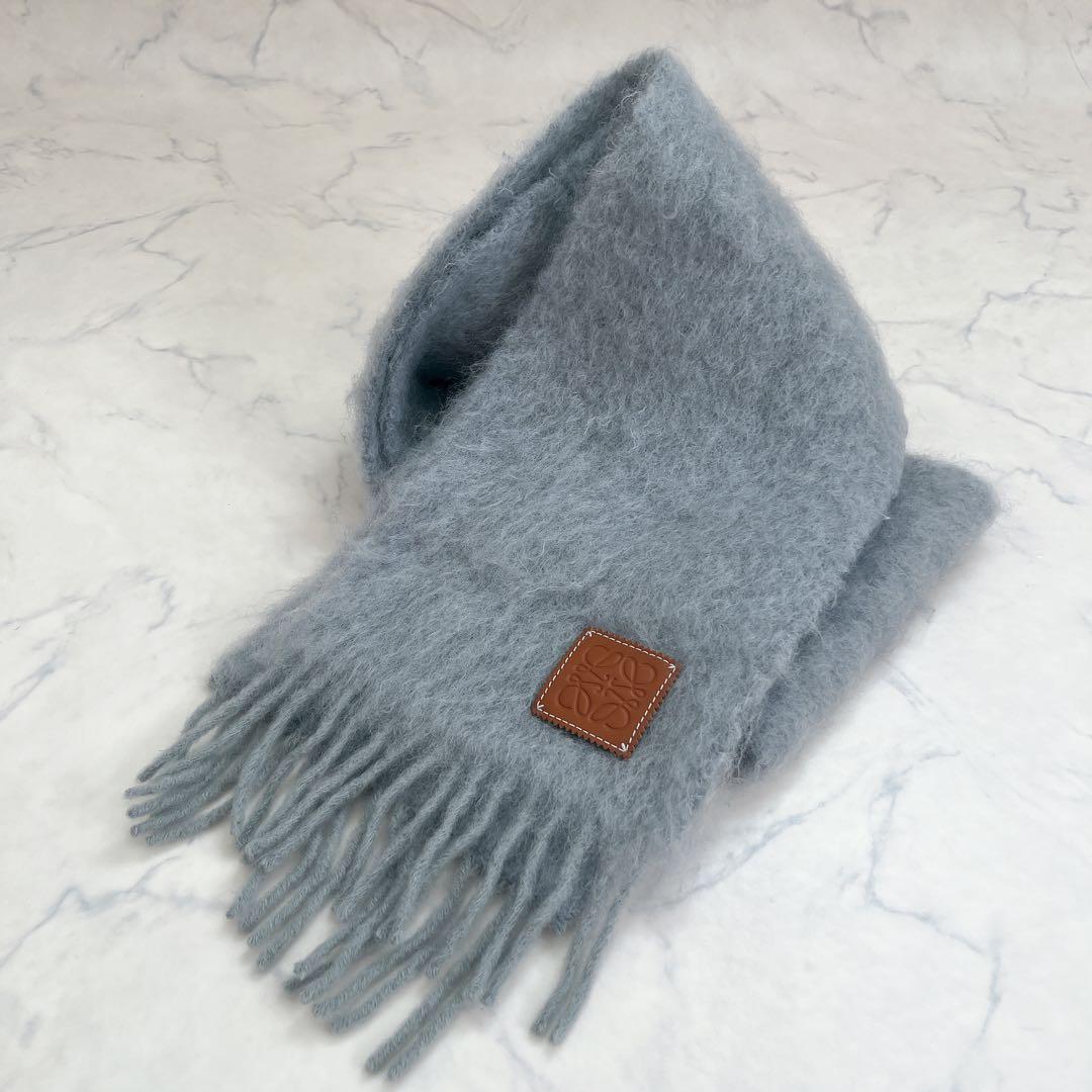 LOEWE ロエベ モヘヤ ウール マフラー アナグラム レザー ロゴ