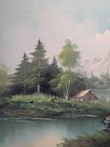 【真作】絵画　油彩　湖畔の山岳風景　水辺の小屋を描いた風景画　Y188