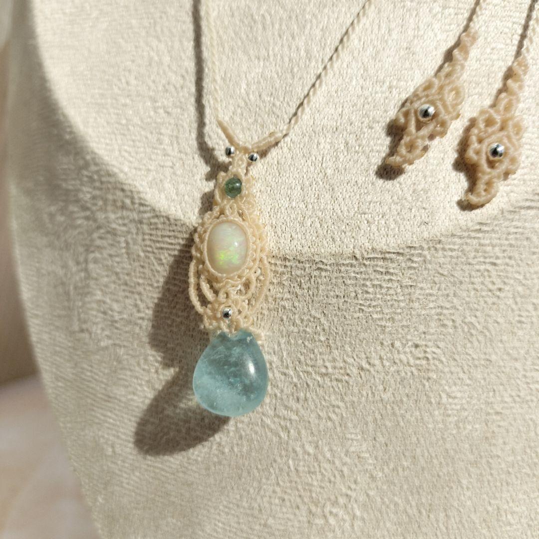 オパール　アクアマリン　マクラメ編みネックレス　他1点同梱