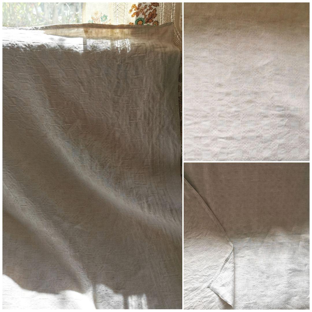 アンティーク フランス1880頃 幾何学模様ダマスク織り天然リネン ラージクロス