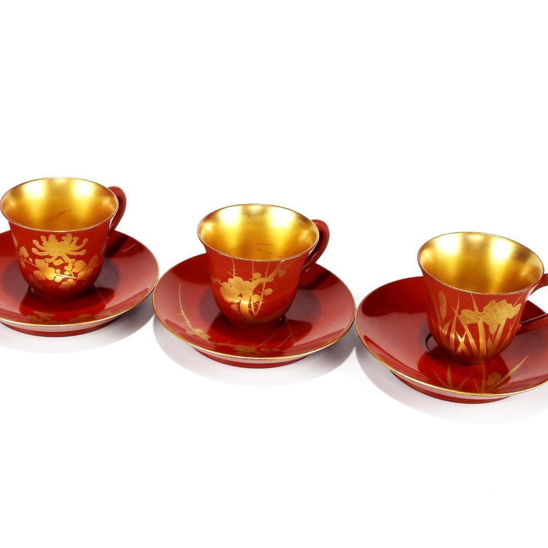 漆器 赤金 花柄 カップとソーサー 6客セット