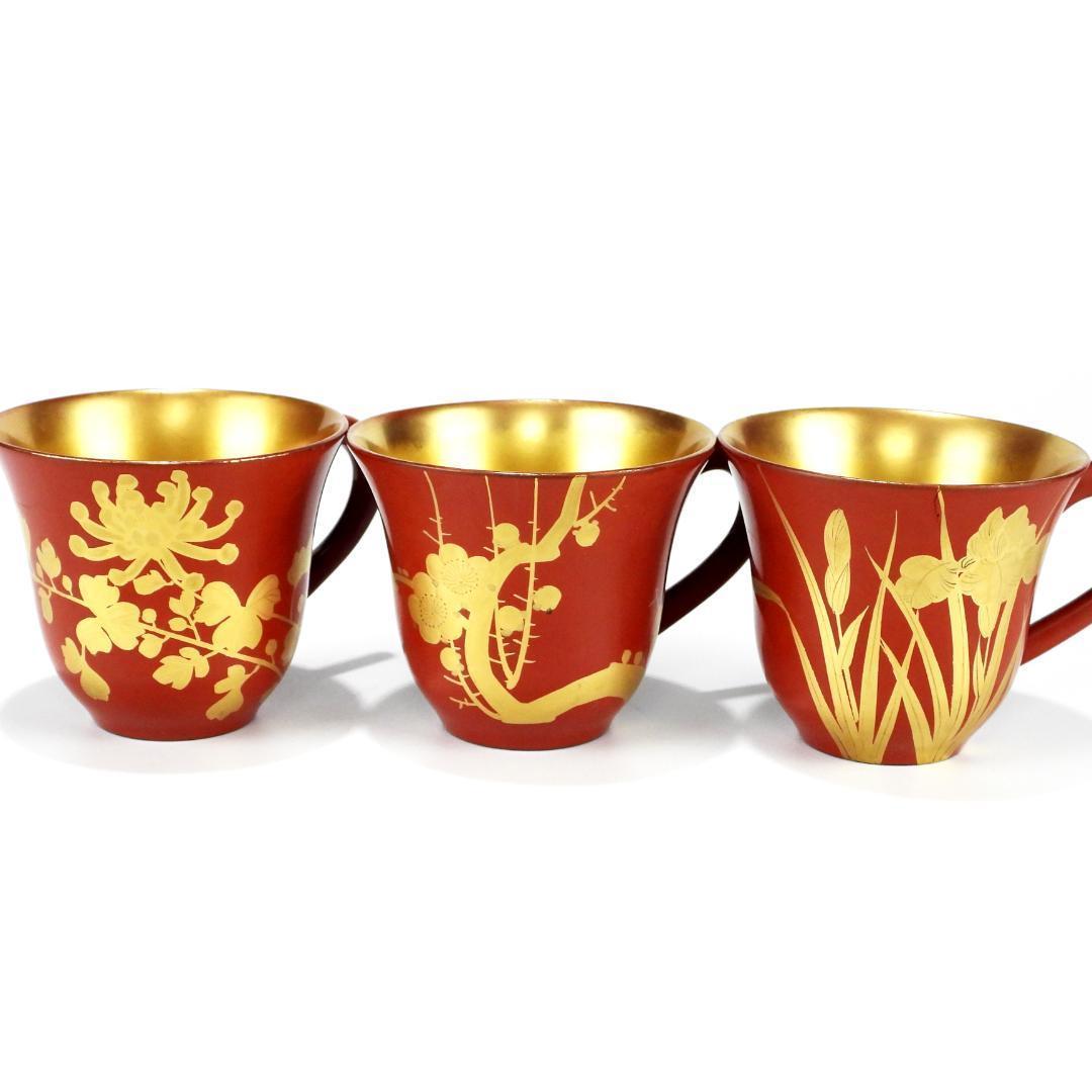 漆器 赤金 花柄 カップとソーサー 6客セット