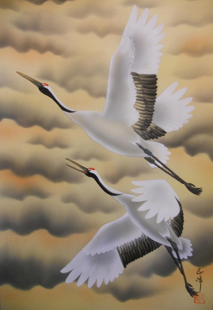 掛け軸 松原正峰 赤富士飛鶴 絹本 希少 軸装 茶道具 掛軸 美品 です。