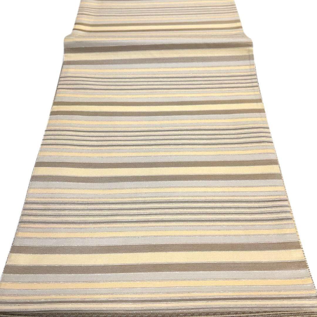 未着用　全通　袋帯　ムガシルク　金銀糸　横縞　ベージュカラー　着物　071a p