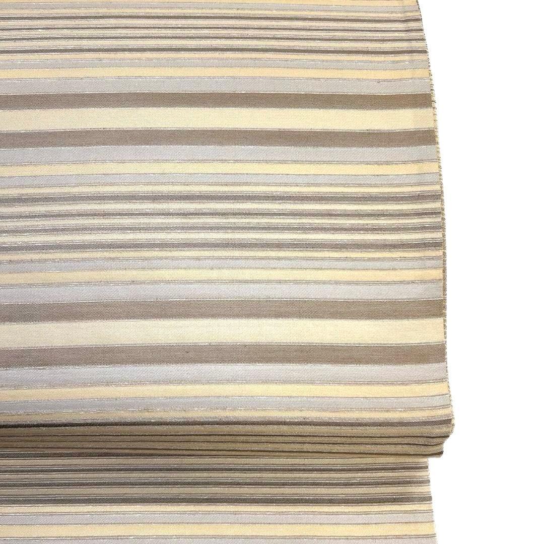 未着用　全通　袋帯　ムガシルク　金銀糸　横縞　ベージュカラー　着物　071a p