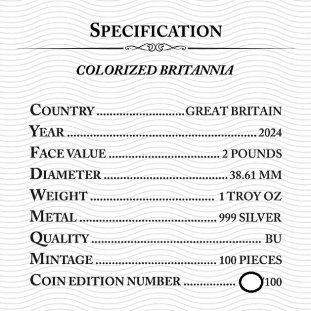 世界100枚限定 イギリス ブリタニア 銀貨 カラー 女神と自然の調和：実りの夏