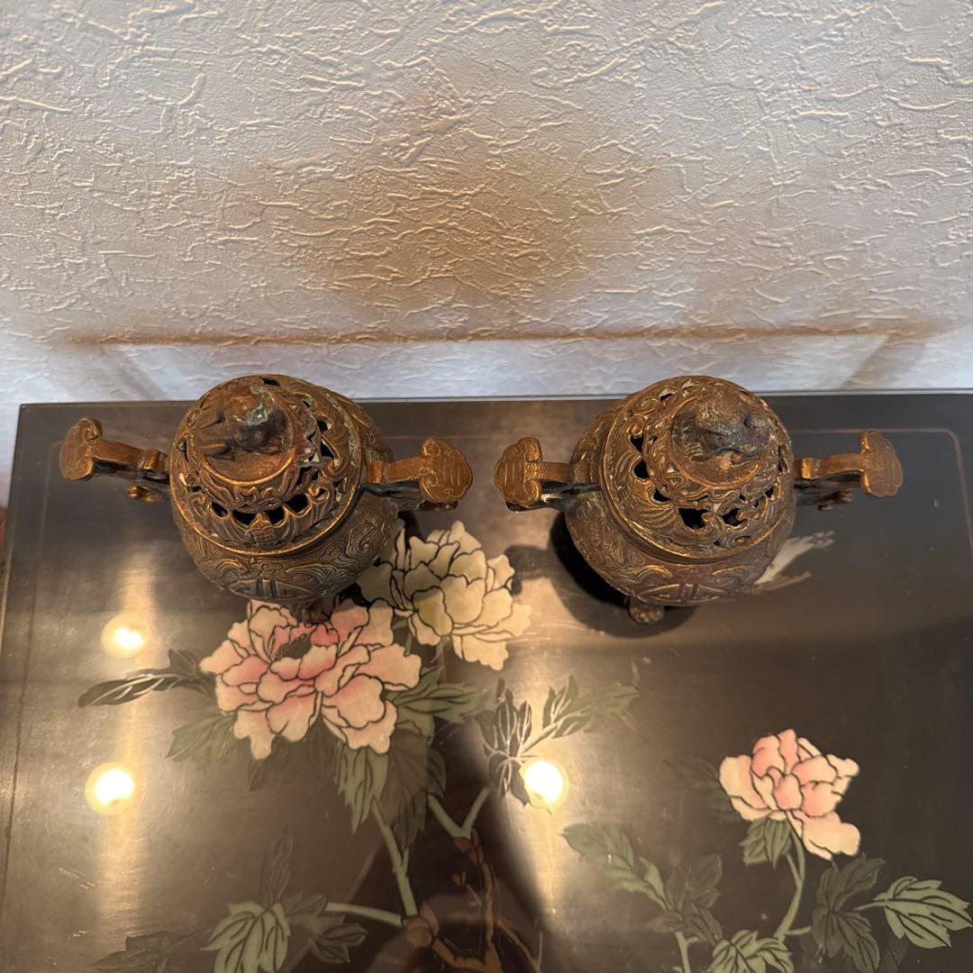 中国 香炉 一対 獅子蓋 真鍮製 風水アイテム アンティーク吉祥文様