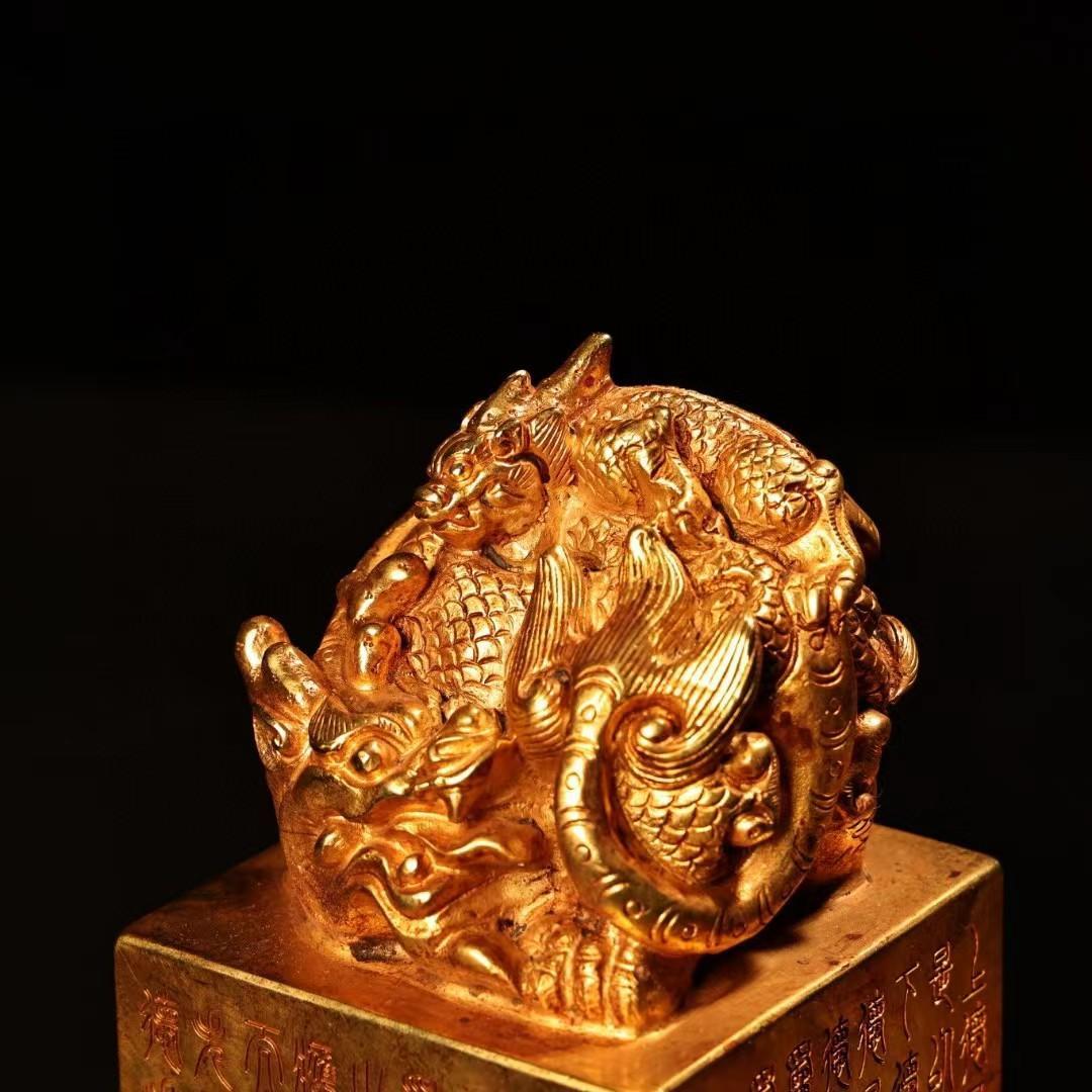 中国古美術・旧蔵鏨刻鎏金錾花の親子印鑑・純銅赤銅製・高浮彫・置物・書道具・文房具