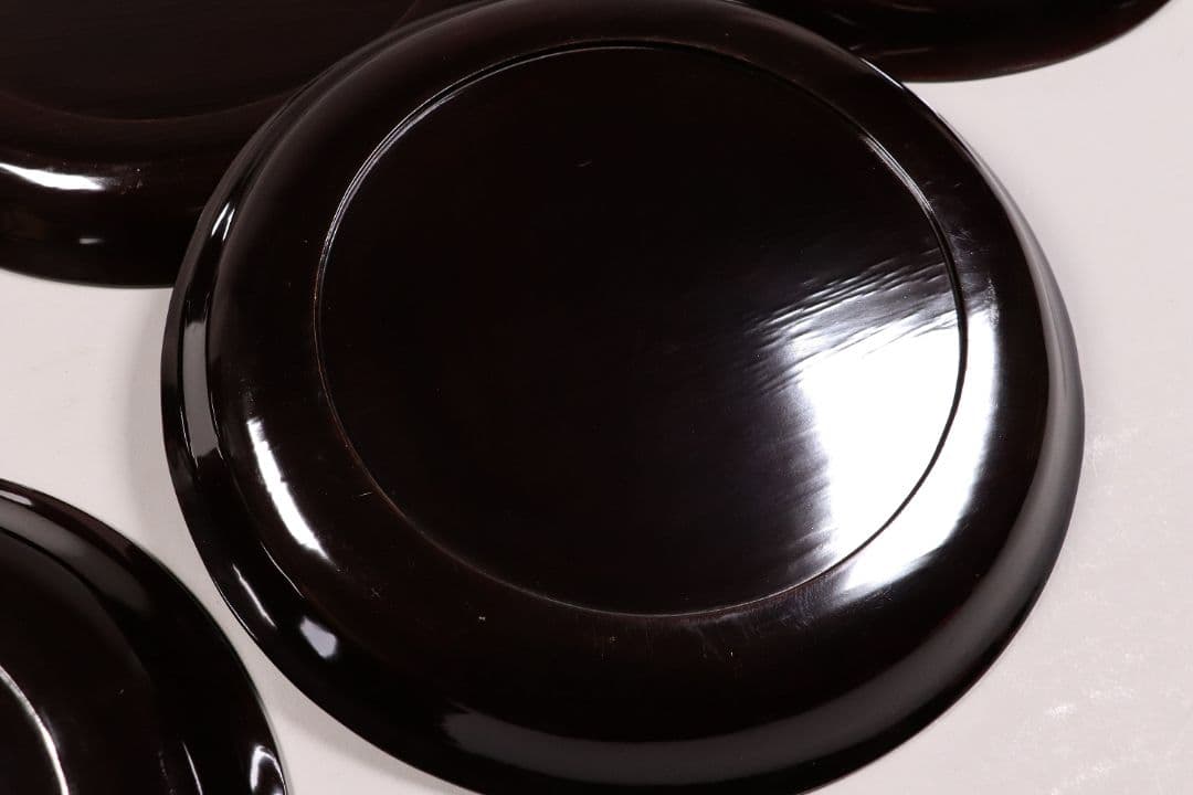 CK91 木製漆器 蟹蘆金蒔絵 黒塗 大徳寺盆 五客 24.5cm 木皿 菓子盆