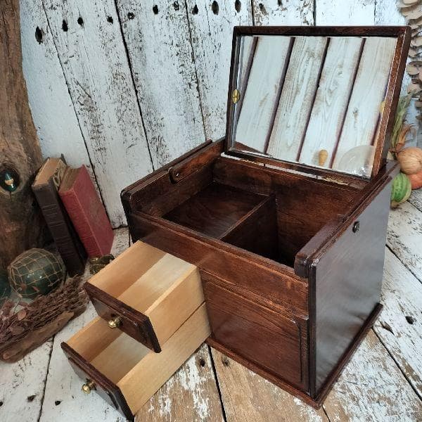 80-90s ヴィンテージ 無垢材 ミラー 付 メイク ボックス ドレッサー 鏡