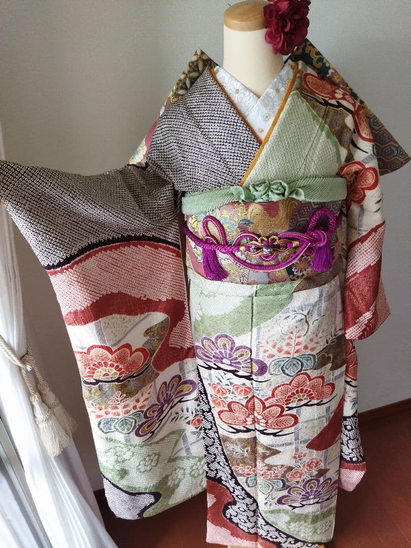 ゆうこ様　424.総絞り　振袖と袋帯の２点セット 正絹　フルセット　成人式