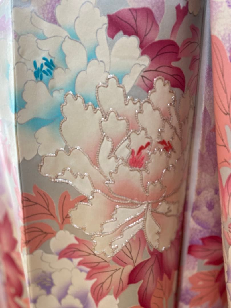 振袖フルセット！　流行りのニュアンスカラーに大きな花柄　くすみ水色地です♪