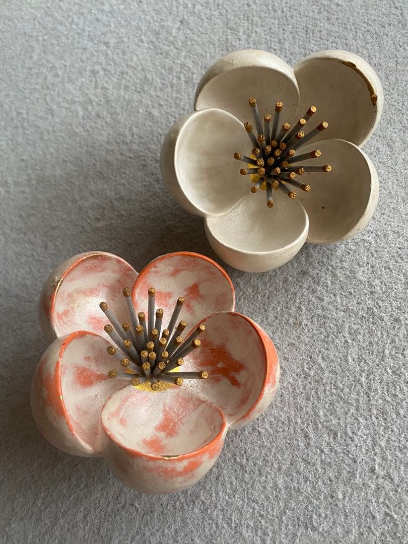 【京都・東哉製】梅華・紅白／梅の花・置物（修復品）
