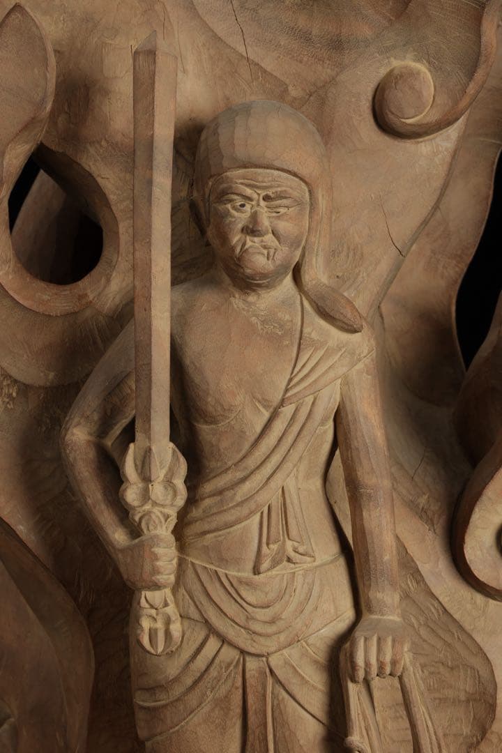 紺綬褒章受章 彫刻家【横山一夢】木彫 不動明王像「明王」49㎝ 置物 共箱 栞付